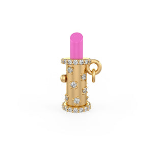 Diamond Lipstick Charm in 18ct Yellow Gold Hot Pink Chalcedony stone Pendant