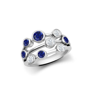 18ct White Gold 0.35ct Diamond 0.89ct Sapphire 3 Row Bubble Ring