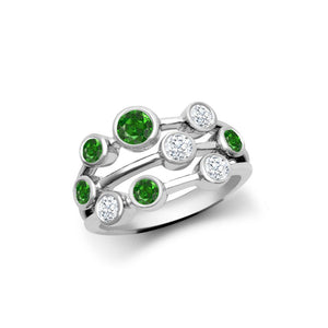 18ct White Gold 0.37ct Diamond 0.71ct Emerald 3 Row Bubble Ring