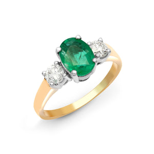 18ct Yellow Gold 3 Stone Diamond And Emerald Ring