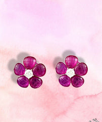 Cervin Blanc 18ct White Gold Diamond Ruby Earrings Flower Studs 0.31ct DIA