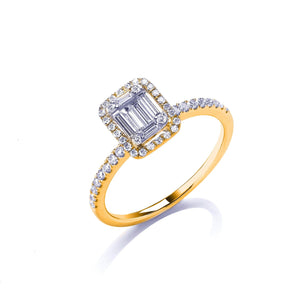 18ct Yellow Gold 0.50ct Baguette & Brilliant Cut Diamonds Rectangle Halo Ring