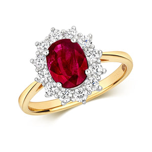 DIAMOND & RUBY OVAL CLUSTER RING IN 18CT GOLD