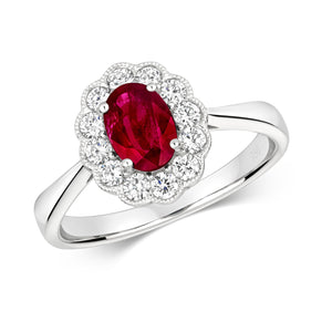 DIAMOND & RUBY OVAL VICTORIAN STYLE CLUSTER RING IN 18CT WHITE GOLD