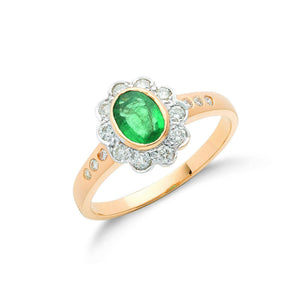 18ct Yellow Gold 0.3ct Diamond & 0.75ct Emerald Cluster Ring